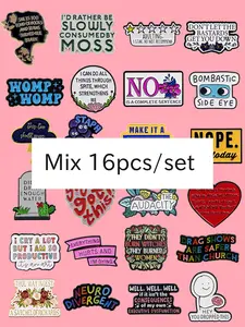16pcs/set Random Mixed Fashion Cartoon Pins, Simple English Cloud Quotes Design, Unisex Accessories for All Seasons, Multi-Functional Casual Badges, Pin Included