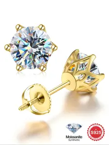 925 Sterling Silver Synthetic Moissanite Six-claw Stud Earrings, Elegant Jewelry for Women & Girls, Trendy All-match & Exquisite Jewelry for Birthday Gift