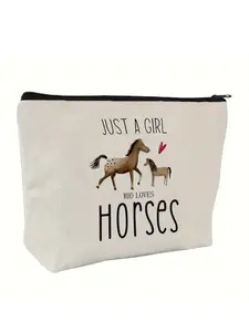 Horse & Letter Pattern Makeup Bag, Casual Zipper Makeup Organizer Pouch, Versatile Cosmetic Storage Bag for Women & Girls for Travel & Daily Use