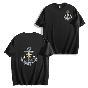 Women's Reversible Nautical Anchor Print Cotton T-Shirt Summer Casual Short-Sleeve Crew Neck Top with Starfish and Lighthouse Decorations Machine Washable Beachwear Seaside Fashion Printed Shirt Resort Style 100% Pure Cotton Womenswear Streetwear