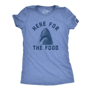 Womens Here for The Food T Shirt Funny Shark Novelty Great White Graphic Tee Funny Womens T Shirts Cute Vintage Fashion Casual Ladies T-Shirt Gift Shark Tops for Women Funny Food Top Women's Novelty Tees Light Blue