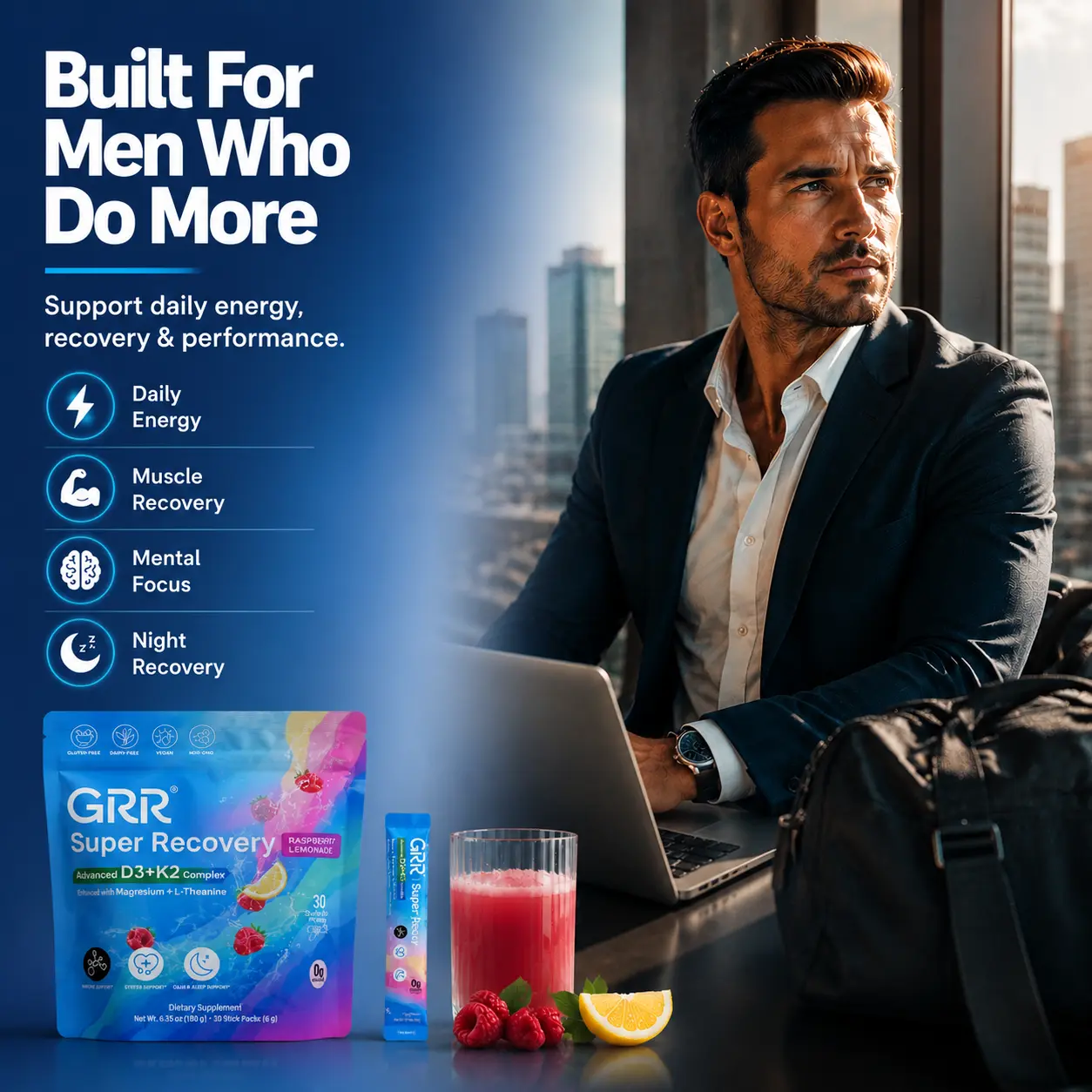 GRR Super Recovery  Daily Performance & Recovery Formula with Vitamin D3 K2, Magnesium Glycinate & L-Theanine | Energy, Focus & Wellness Support | 30 Stick Packs