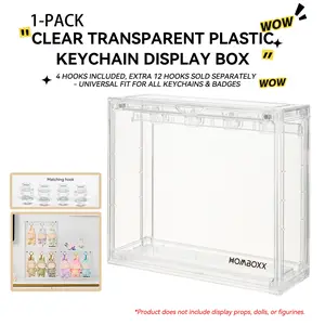 Plush Hanging Display Storage Box Set with 4 Transparent Hooks, 12-Piece Hook Kit, Dustproof Moisture-Proof, Stackable, Space Saving Organizer, Suitable for Pop Mart Collectibles, Keychain Display, Collectors Box, Durable Storage