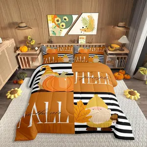 Fall Thanksgiving Theme Bed Comforter Set,Autumn Pumpkin Super Soft Microfiber Bedding Set for Adults Teens,Geometric Stripes Splicing Comforter Set