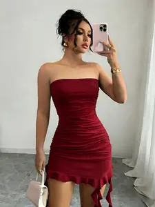 Elegant French Style Burgundy Bodycon Dress, Asymmetrical Hem, No Straps, Perfect for Parties, Beach, Music Festivals, Summer