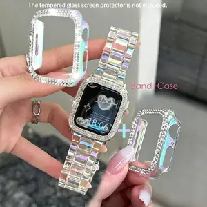 2-Piece Set: Rainbow Resin Band & Colorful Electroplated Half-Cover Hard Shell Case for Apple Watch – Fits 38–49mm, Openwork Design, Anti-Drop, Great for Spring & Summer Rotation