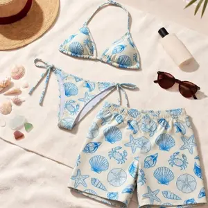 Coastal Blue Seashell Bikini and Board Shorts Matching Set, Ocean Starfish Crab Print Tropical Beach Vacation Swimwear for Women