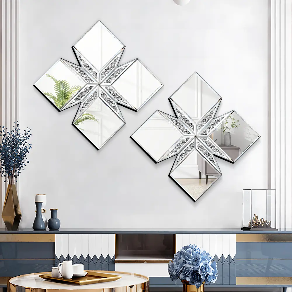 2pcs Silver Mirror Wall Decor, Crushed Diamond Decorative Mirror, Diamond Decorative Wall Mirror, Light Luxury Style Glass Decor Wall Mirror, Wall Decorative Hanging, for Home Decor Bathroom Bedroom Living Room
