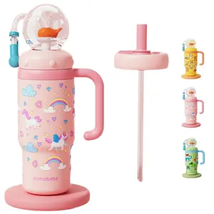 Stainless Steel Whale Fountain Cup with Handle, Leak-Proof Water Bottle Tumbler with Dual Silicone Spouts, 24oz Drinkware for Kids Teens Adults