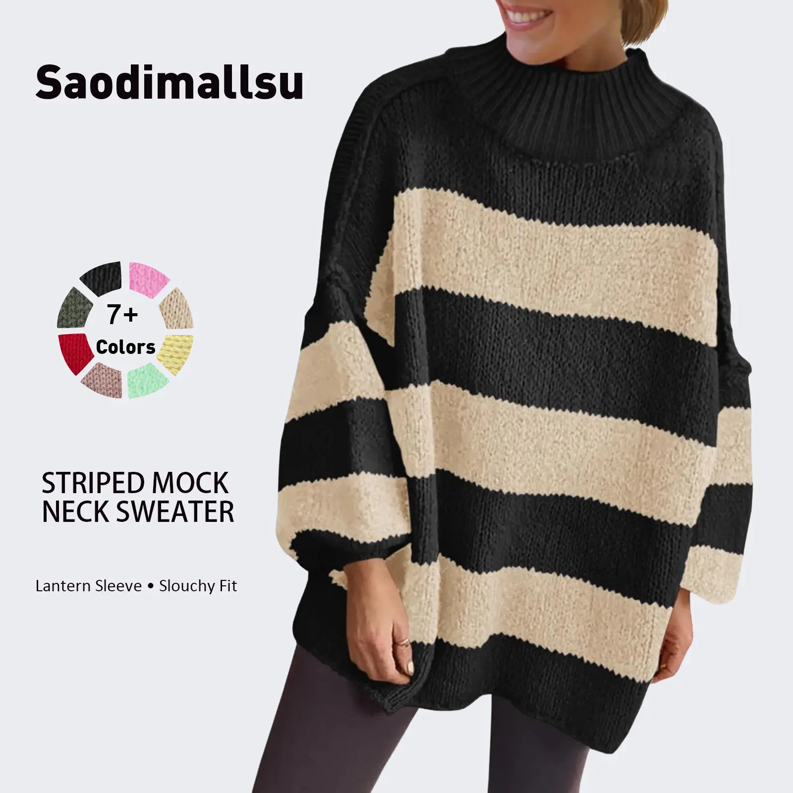 Saodimallsu Women's Oversize Mock Neck Sweater, Casual Bohemian Striped Chunky Knit Tunic Top with Lantern Long Sleeves, Oversized, Longsleeves, Baggy, Tops, Thanksgiving, Knitwear, Polyester, Lantern Sleeve sohochic