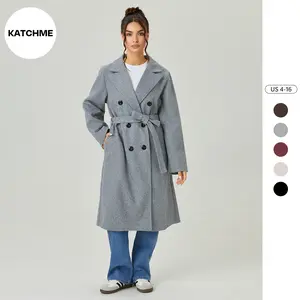 KatchMe Women's Classy Solid Color Double Breasted Detachable Belted Pocket Pea Coat, Fall & Winter Casual Long Sleeve Outerwear with Lined（US）