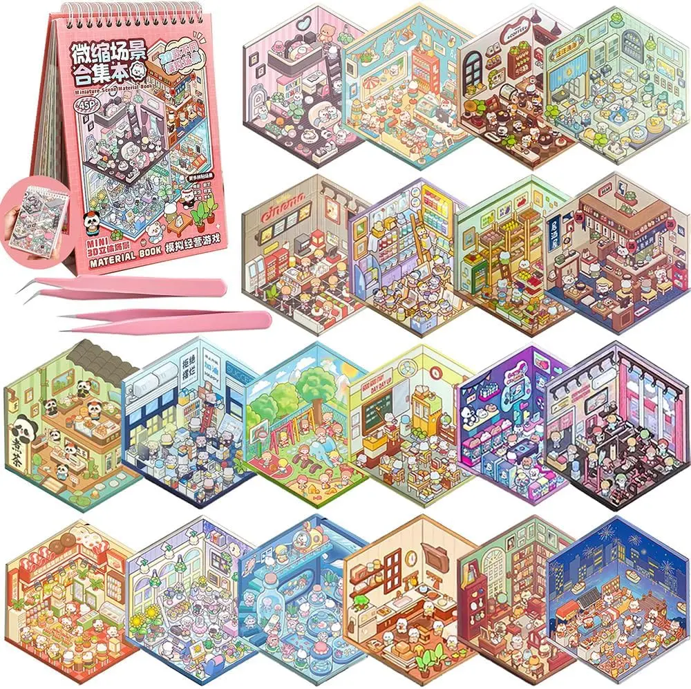 3D Sticker Scene Book for Adults, 20 Sets Mini Sticker Scenes DIY Craft - Make Your Own Cozy Room, Supermarket, House & More, Sticker Therapy for Stress Relief, Cute Art Stickers Gift Idea