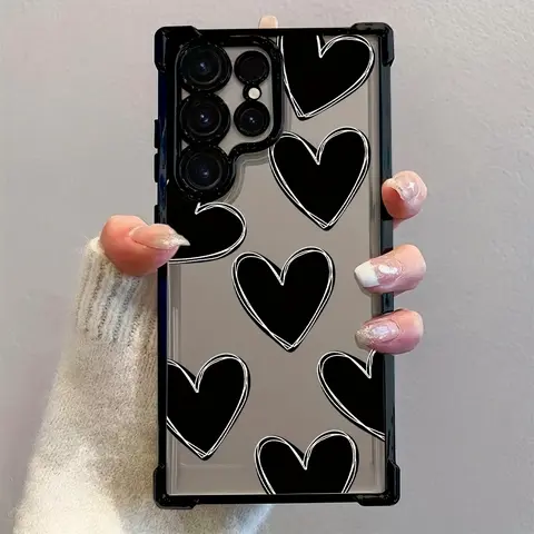 Black Heart Protective Cellphone Case - Preppy Street Phone Accessory Compatible with Samsung Galaxy S26,S25,S24,S23,S22 Plus,S21 FE Ultra 4G,5G, Transparent TPU Shell Protector for Handheld Devices with Drop Protection