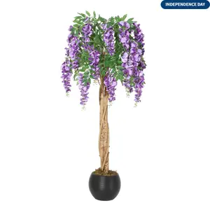 4 Feet Artificial Purple Bean Flower Tree with Cement Pot for Home Décor, Living Room, Office, Wedding - Purple Red Silk, Lifelike Hanging Vine & Moss