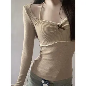 y2kAll-match Square Collar Lace Bow Tops Mujer 2025 Early Autumn New T-shirt for Women Y2k Slim Fit Long Sleeve Tee Shirt Womenswear Comfort Blouse Solid Basic Casual Crewneck Milk Tea Color Minimalist