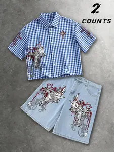 Same style for men and women, American retro 2-piece set, Gothic-style cross-patterned trendy print checkered casual short-sleeved shirt and trendy denim pants set, suitable for Y2K, Millennial fashion, Gothic fashion, couples’ outfits, trendy outings, sk