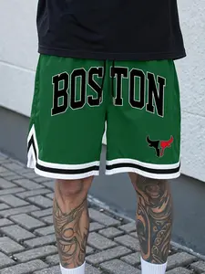 Unisex Street Style Boston Letter & Bull Print Drawstring Basketball Shorts, Trendy Sportswear, Y2K Hip Hop, Summer Fitness Pants