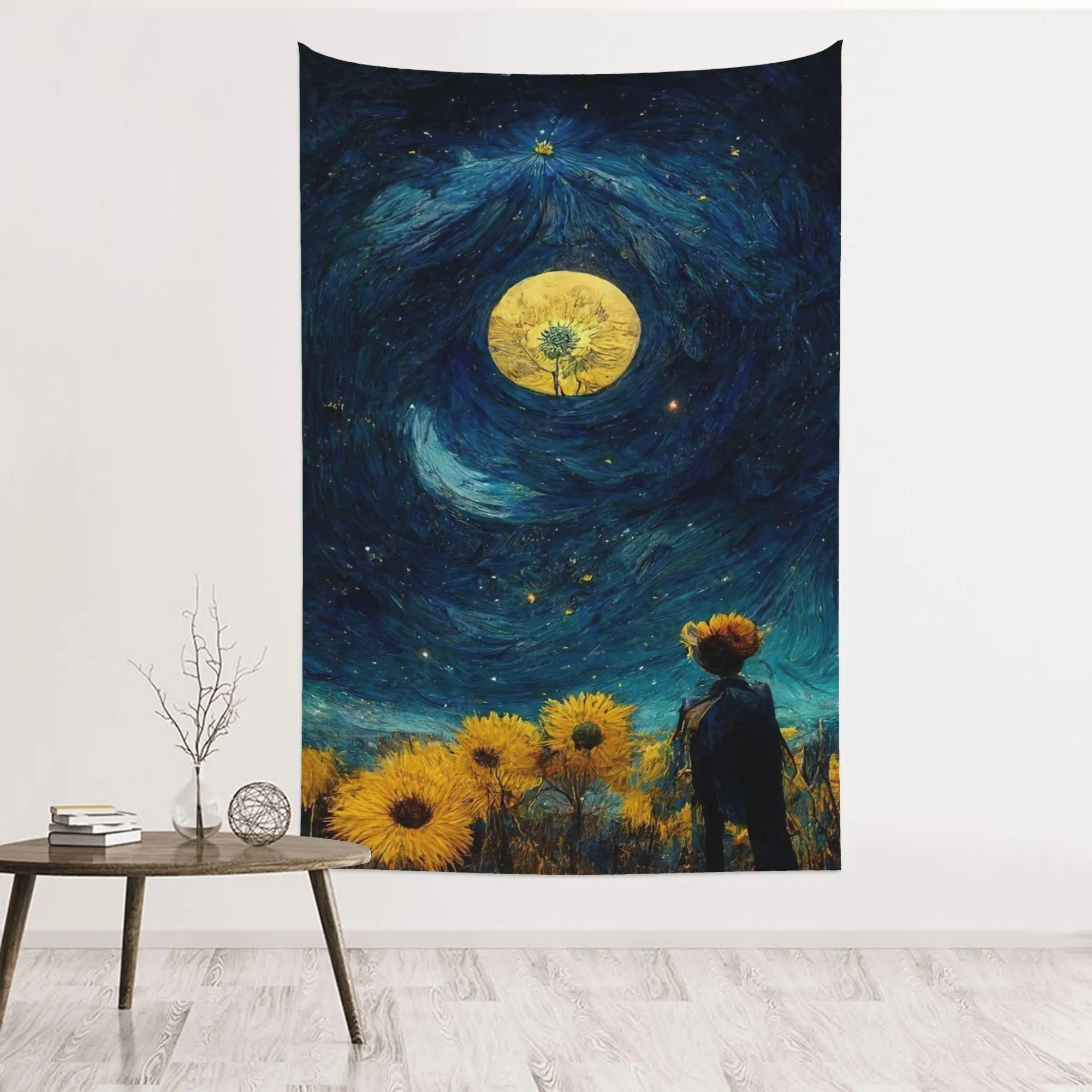 Celestial Sunflowers Wall Tapestry Cottagecore Dark Night Sky Room Hanging Backdrop