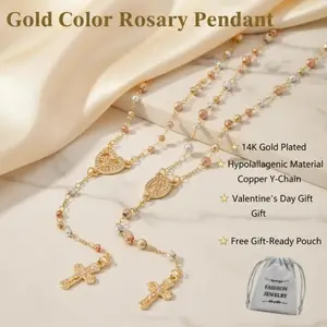 VNOX 14 K Gold Plated Virgin Mary Rosary Heart Round pendant Jesus Cross Necklace, Bracelet, Mother's Day Gifts For Mom, copper Y-Chain Non Tarnish Hypoallergenic Faith Jewelry, Everyday Fashion Accessory