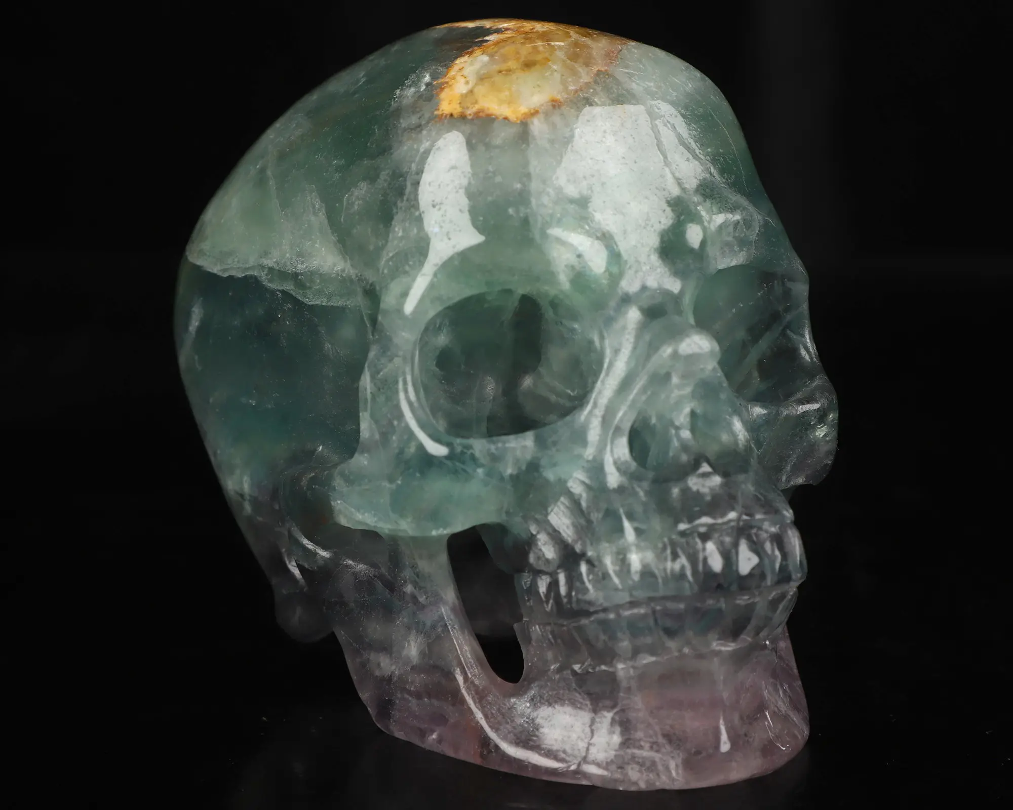 5.0" Fluorite Hand Carved Crystal Skull, Super Realistic, Crystal Healing