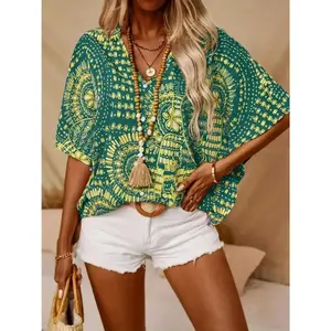 Women'S Clothes Vacation Style  Print V-neck Blouse - Batwing Sleeve Fashion Top For Spring & Summer