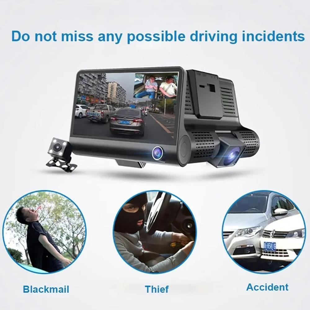 4Inch 3 Channel Dash Cam, Dual Lens Night Vision HD Car DVR Video Dash Cam 1080P 170° Wide Angle Video Recorder Camera LCD Screen G-Sensor, Loop Recording, Motion Detection and Parking Monitor
