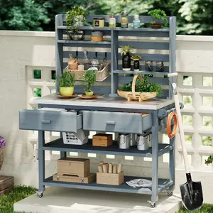 64.9"H Outdoor Potting Bench Table with Lockable Wheels, Solid Wood Outdoor Kitchen Island with Upper Hutch, Stainless Steel Top, Towel Rack ,Outdoor Storage for Grilling, Lawn Garden -Grey Blue