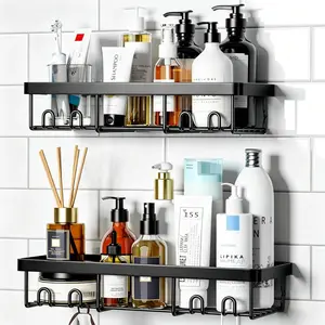 Shower Caddy Shelf Organizer Rack, Self Adhesive Black Bathroom Shelves Basket, Home Farmhouse Wall Inside Organization and Storage Decor Rv Accessories, First Camper Apartment Essentials