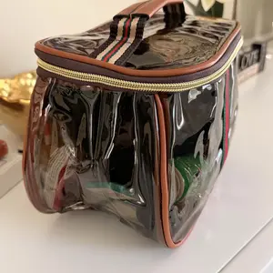 New Retro Vintage Vanity Bag, Makeup Organizer for Women, Ladies Travle Storage Case, Transparent Toiletry Bag, Portable Skincare Storage Case (Brown-9.65inx6.3in)