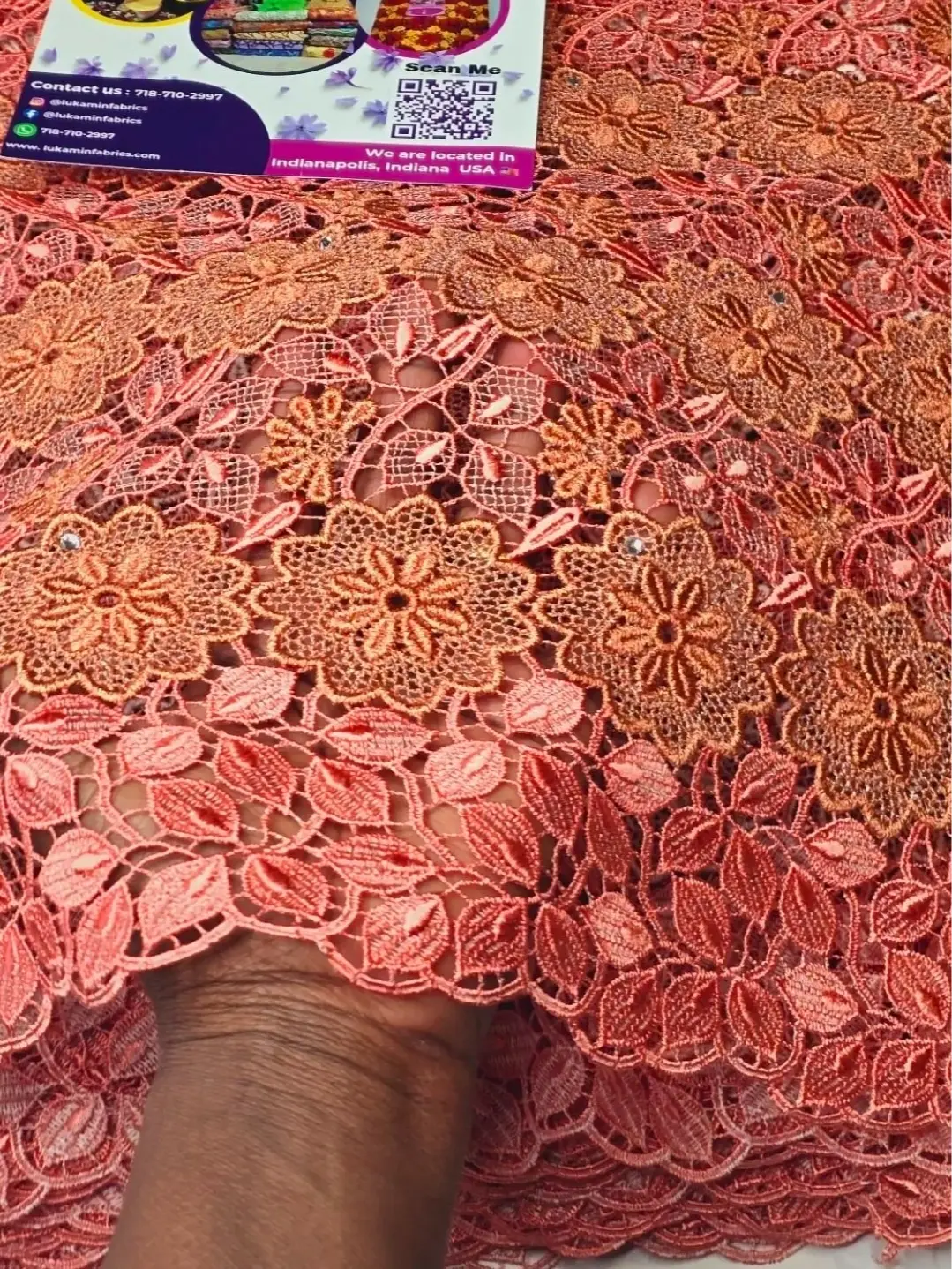 Fehintola Austria Embroidery  Lace Elegant & Luxury Vibe   Luxury Austria Embroidery Lace  A rich coral base adorned with detailed gold floral embroidery — soft, feminine, and undeniably classy.  Perfect for weddings,
