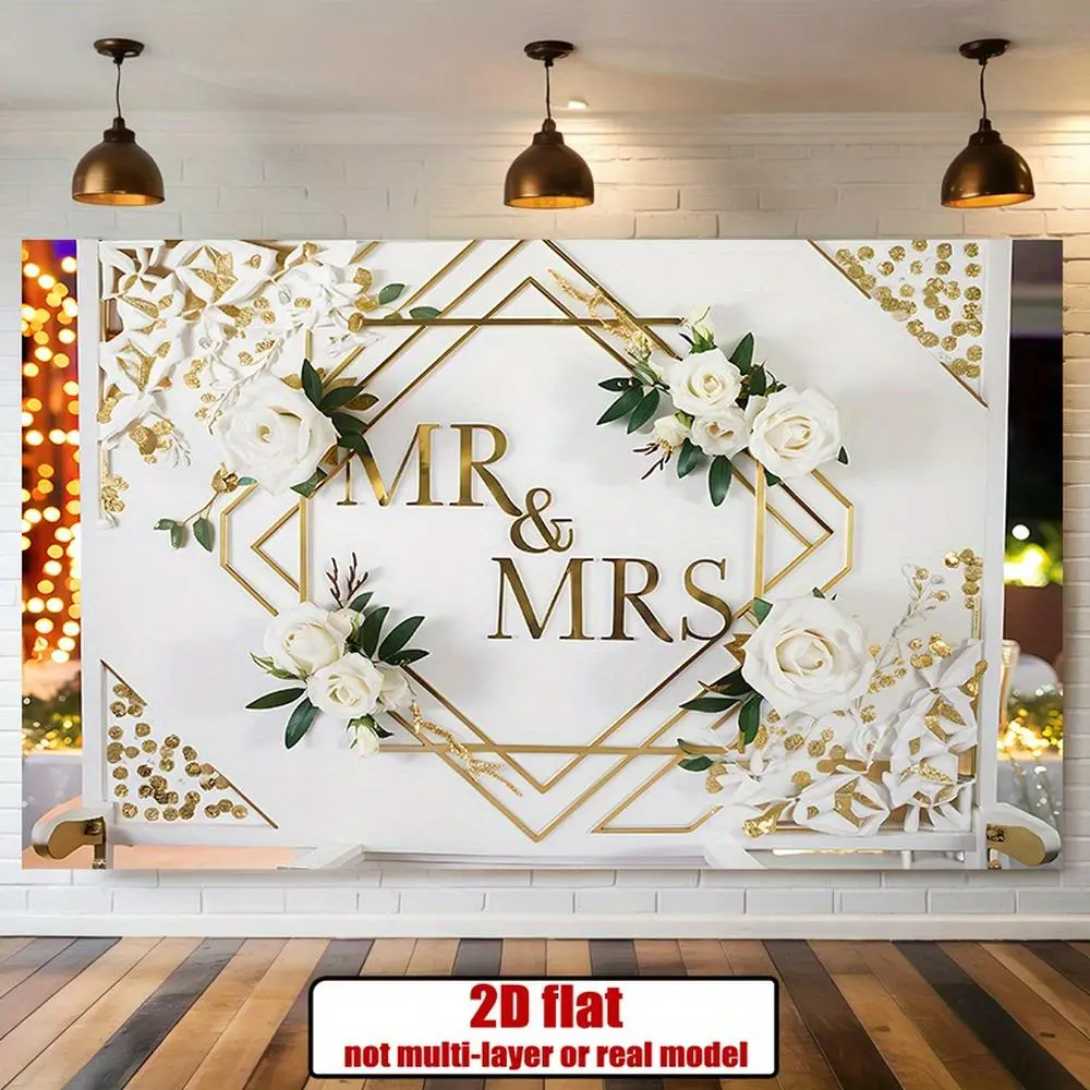 1pc Reusable Elegant White Flowers 'Mr & Mrs' Party Banner - 2D Flat Polyester Backdrop with Golden Accents, Ideal for Wedding Announcements, Home & Wall Decor,summerwins