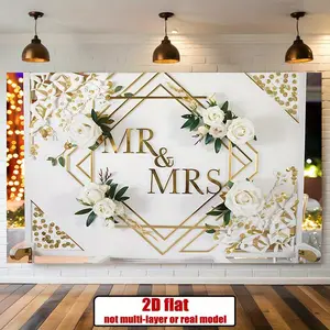 1pc Elegant White Floral 'Mr & Mrs' Party Banner - 2D Flat Polyester Backdrop with Golden Accents, Perfect for Wedding Announcements, Home & Wall Decor, Versatile Use for All Seasons, Wedding
