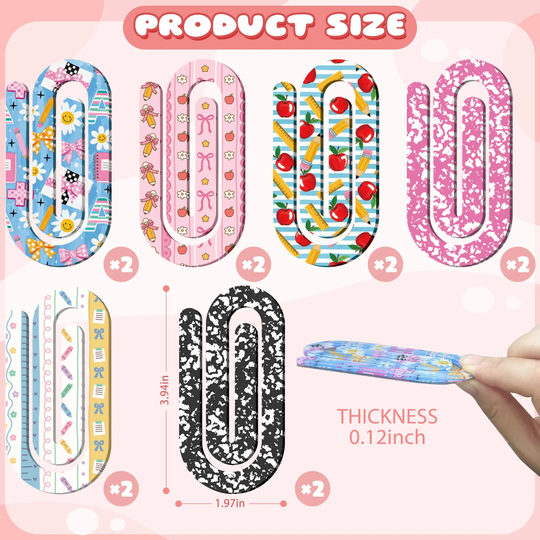 12 Pcs Jumbo Acrylic Paper Clips Set - 5 x 10 cm, 3 mm Thick Cute Teacher Theme Planner Bookmarks, Oversized Ruler Page Markers for Back to School Office Stationery Supplies, 12 Pieces