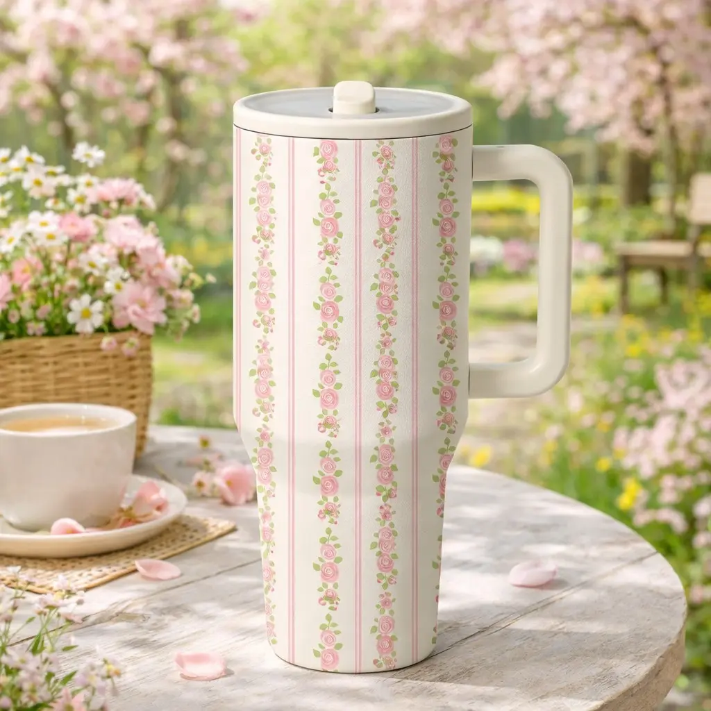 1 Pc insulated mug, Leakproof Insulated, 40oz thermal mug, double wall vacuum cup, leak proof lid, keeps hot 12 hours cold 24 hours, large capacity tumbler with handle, floral striped design, coffee tea travel mug, gift for women men