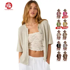 Tanming Women's Short Sleeve Cardigan Sweaters Crew Neck Soft Ribbed Knitting Button Down Tops Lightweight Breathable Summer Layering Cover Up Knitwear Top Flattering Fit for Casual Office Work Travel Springfresh Womenswear #SpringStatements