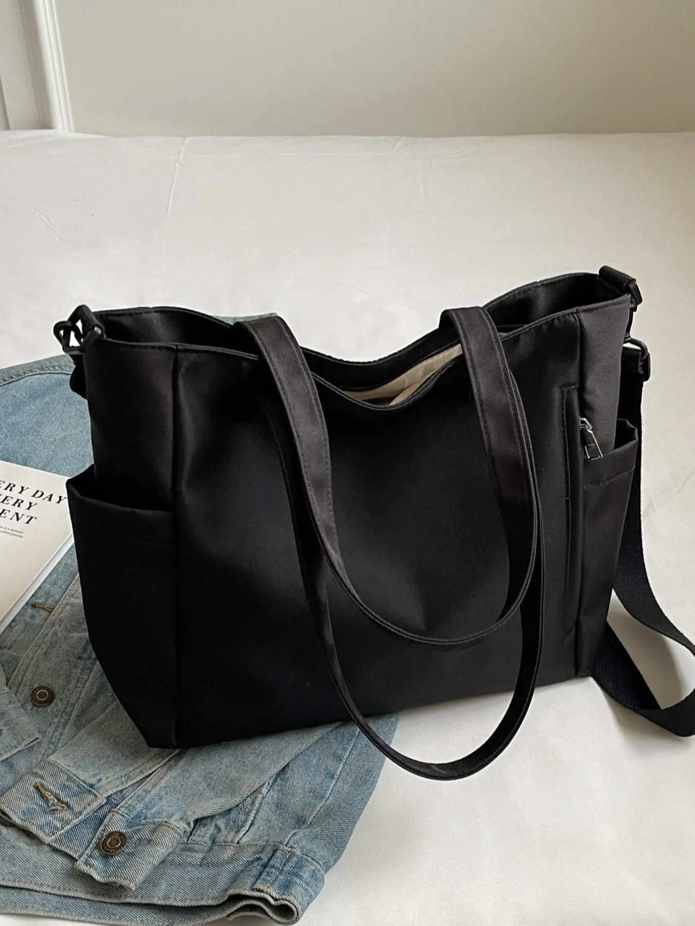 Women's Solid Color Large Capacity Shoulder Bag, Fashionable Casual Adjustable Strap Zipper Shoulder Bag, Trendy Versatile Commuter Bag for Work & Sch