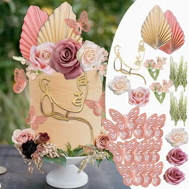 26pcs Flower Boho Cake Topper Set with Butterfly, Acrylic Minimalist Art Lady Face, Palm Leaves, and Artificial Vintage Purple for Women's Birthday and Wedding Party Decorations
