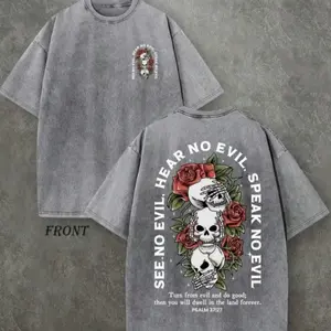 "See No Evil, Hear No Evil, Speak No Evil" Skull & Rose Vintage Washed T-Shirt, Psalm 37:27 Scripture Print, Oversized Brown Streetwear Tee, Faith-Based Casual Top summerwins,summerwins