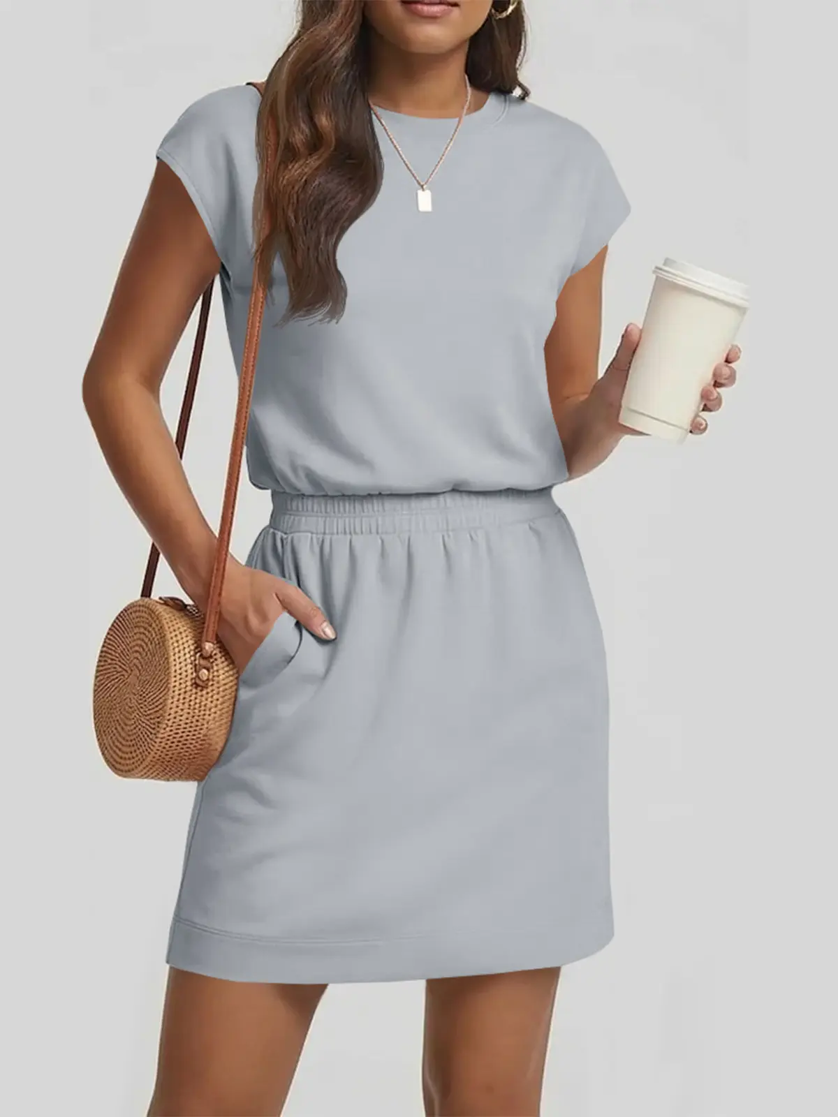 Fisoew Women’s Casual Crewneck T-Shirt Dress – Loose Fit Short Sleeve Mini Dress with Pockets | Summer Basic Lounge Outfit SummerVibes (S-2XL)
