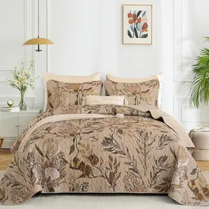 Queen Size Brown, 3 Pieces Boho Floral Bedspread Bedding for Queen Size Bed, Soft Lightweight Microfiber Coverlet Set for All Season with 2 Pillowcases