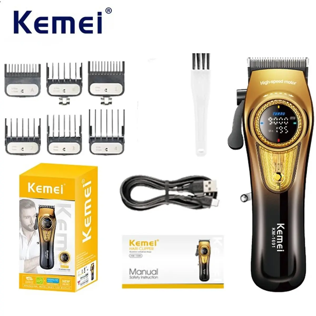 Kemei 1691 Professional Barber Fade Hair Clipper Cordless Electric Trimmer Rechargeable Men Hair Cutting Machine Grooming Kit