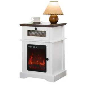 LED Fireplace Nightstand with Drawer Adjustable Light Bedside Table for Bedroom Living Room