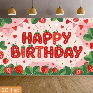 2D Flat Banner 1pc, Birthday Party Banners Strawberry Letter Strawberry Leaf Butterfly Heart Happy Birthday Polyester Backdrop Event Decorationhome Room Courtyard Farm Garden Graduation Photography Live Streaming Wedding