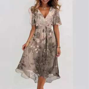 2025 Chiffon Printed Women Elegant V-neck Dress Womenswear