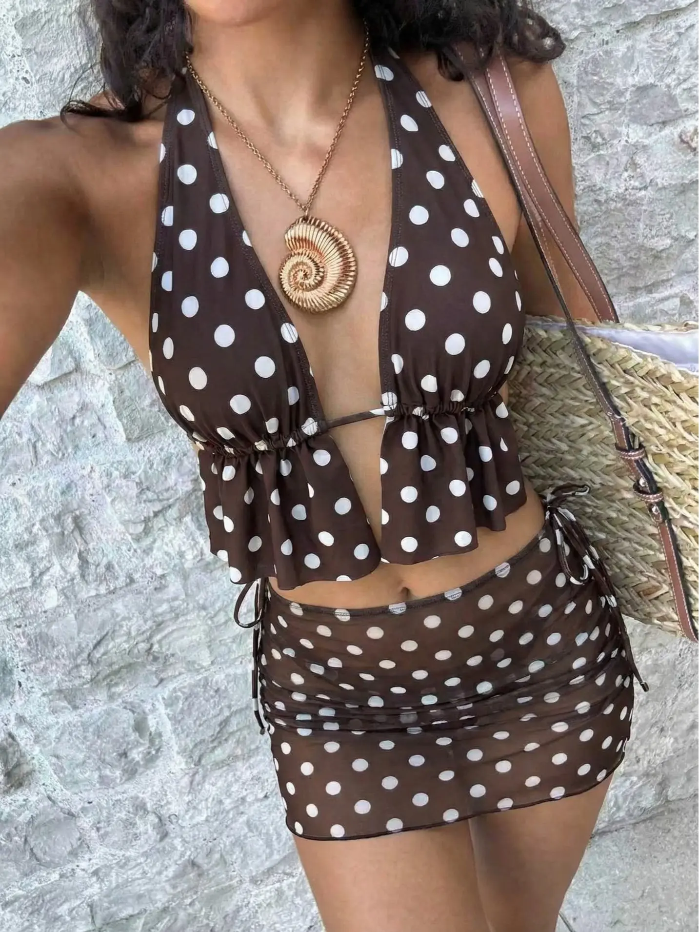 AgeRose Women's 3-Piece Swimsuit Bikini Set, Polka Dot Swimwear, Retro Brown Polkat Print Vintage Swimsuit Mesh midi skirt Padded, wire-free Summer Sets, Stylish, Party, Going Out, Birthday, Casual, Y2k, Streetwear Vacation Outfits Girls Beachwear