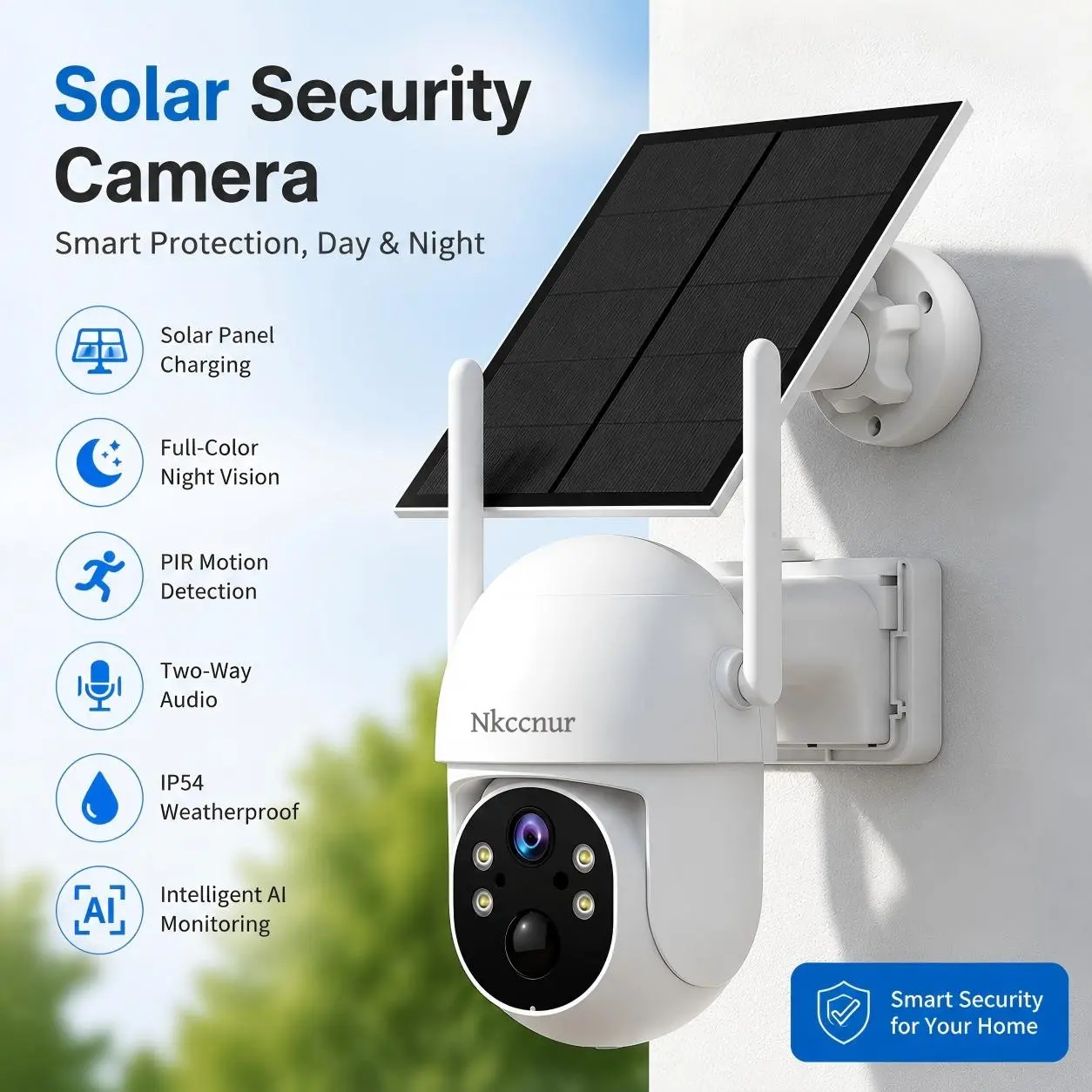 NKCCNUR 1pc / 2pcs/ 4pcs WiFi Solar‑Powered Security Camera,1024P HD,Color Night Vision, PIR Motion Sensor, Two‑Way Talk, Smartphone App Control, IP54 Rated, Wireless Outdoor Monitoring. New Customers Enjoy 1‑Year Free Cloud Storage.