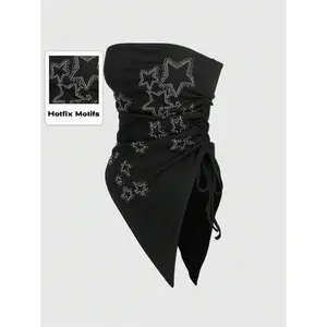 Grunge Punk Plus Size Women's Asymmetrical Strapless Top With Star Rhinestone And Drawstring Hem For Punk Music Festival, Summer, School, Carnival