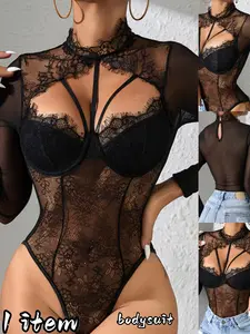 Sexy Jumpsuit, Round Neck Lace Trim, Long Sleeve, Bodycon, Perfect for Dates, Parties, Stage, Home, All Seasons, Lingerie Womenswear Chic, Underwear Bodysuit