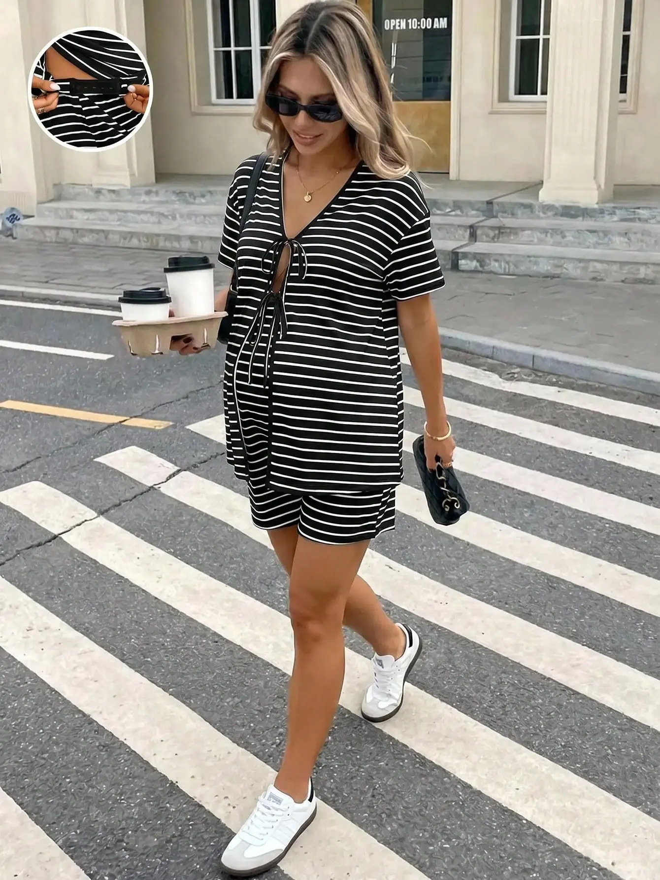 LALUZ Maternity Striped Short Sleeve Tie Front Top Adjustable Waist Shorts 2pcs Set Summer Outfit