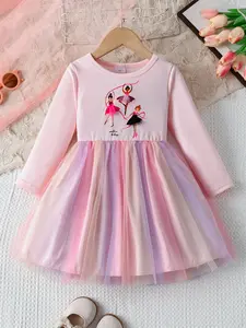 Cute Ballerina Girl Pattern Dress, Colorblock Mesh Long Sleeve Round Neck, Casual Princess Dress for Fall Winter, Girls' Fashion, Birthday Dresses, Layered Tulle Dress, Tulle Overlay Dress